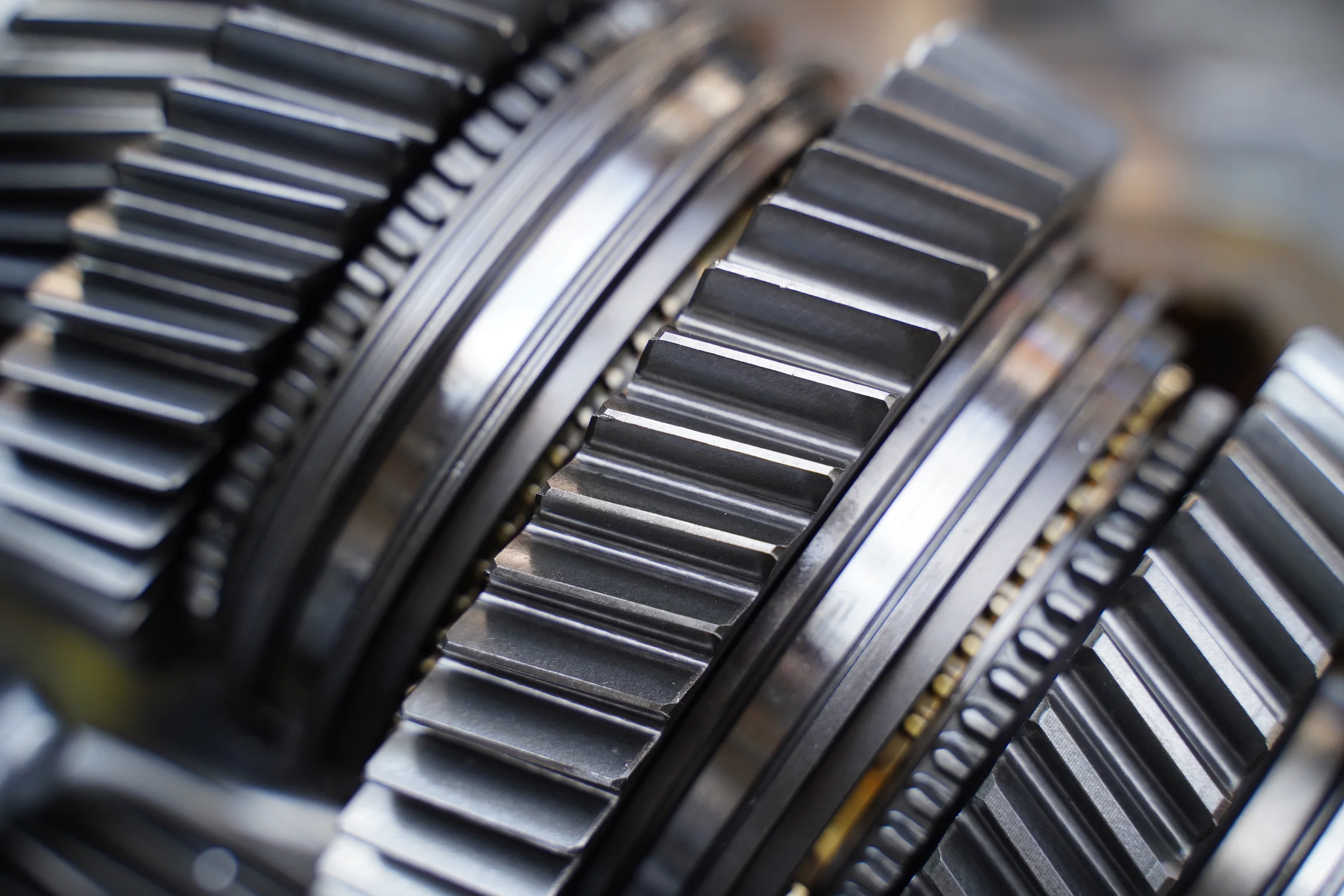 Close detail of interlocking transmission gears and precision metal components